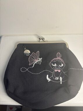 Moomin Black Embroidered Kiss-Lock Clasp Pouch with Pink Accents